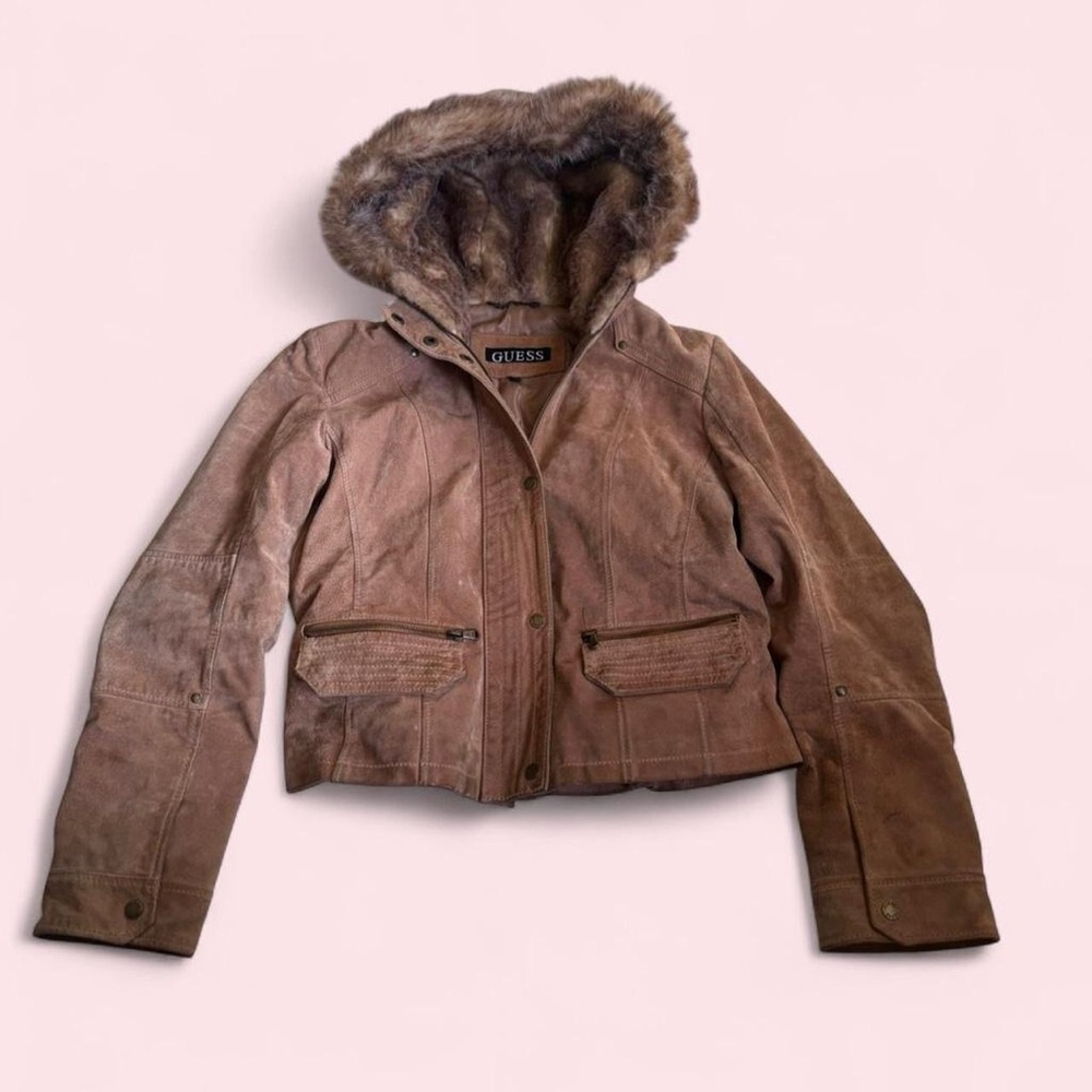 Large Guess Women's Brown Leather Jacket with Faux Fur Hood